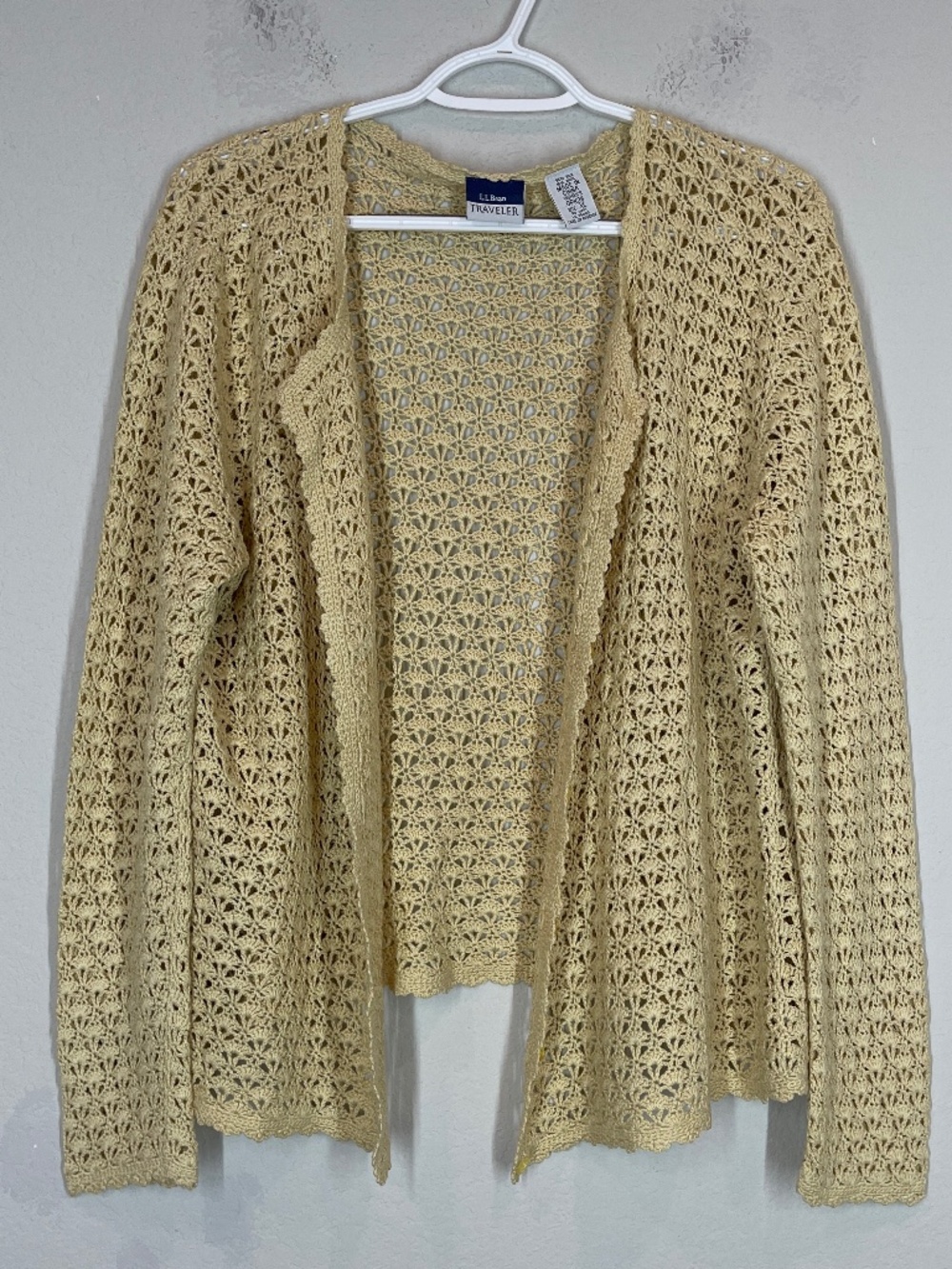 LL Bean Crochet Cardigan Women's XL Cream Silk Wool Button Front Long Sleeve